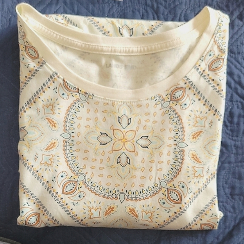 Lands' End NWOT Cotton ¾ Sleeve Tunic - Patterned Cream, Navy, Tan Sz. Large